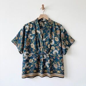 Ann Taylor Factory Blue Floral Paisley Wrap Front Blouse Short Sleeve Small